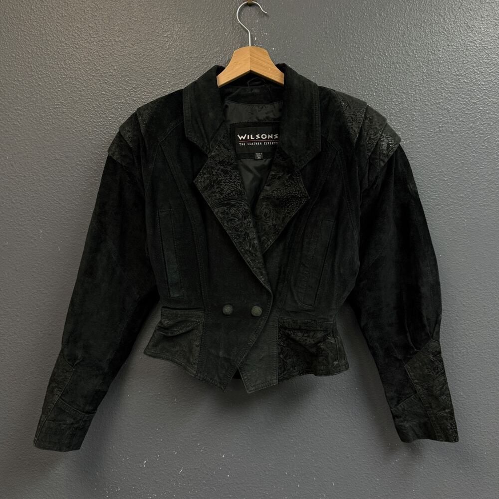 Wilsons XS women’s black vintage suede leather bomber jacket flowers